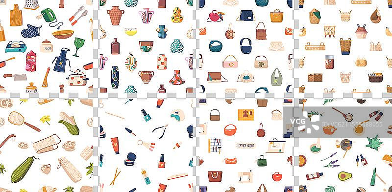 厨房用具和花瓶的无缝图案集图片素材
