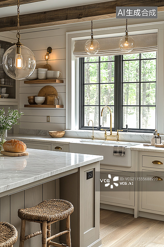 【AI数字艺术】木纹橱柜白色墙面图片素材