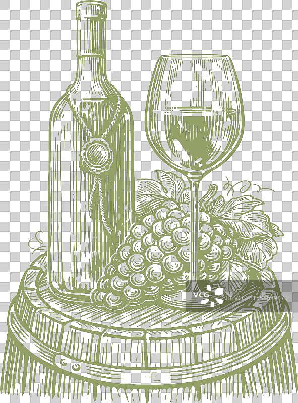 酒瓶、酒杯和葡萄的酒庄场景图片素材