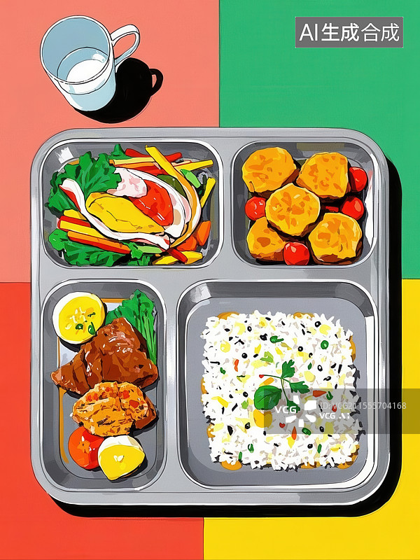 【AI数字艺术】多彩分格餐盘中的美食组合图片素材