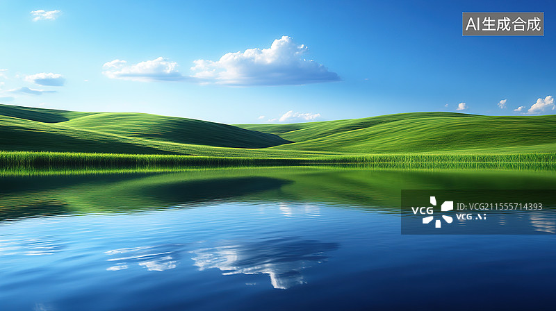 【AI数字艺术】蓝天与宁静的水，草坪图片素材