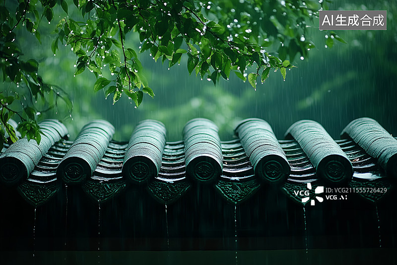 【AI数字艺术】春雨和屋檐风景图图片素材