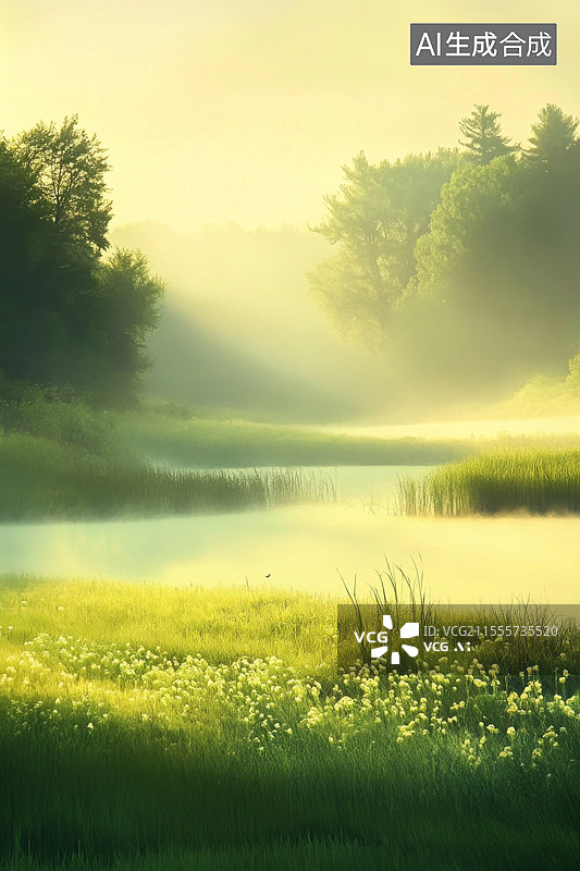 【AI数字艺术】清晨户外公园湖边的树林风光图片素材