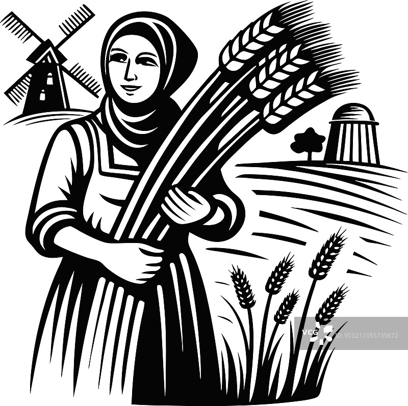 女孩或年轻女性农民在小麦田和风车旁图片素材