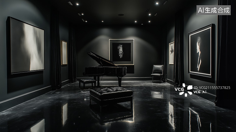 【AI数字艺术】暗黑系富有艺术感挂满画的钢琴房图片素材