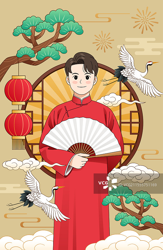 穿中式长衫大褂马褂的民国男人男生帅哥相声表演演员说书人和松鹤窗户花窗等节庆古风国潮国风中国文化插画图片素材