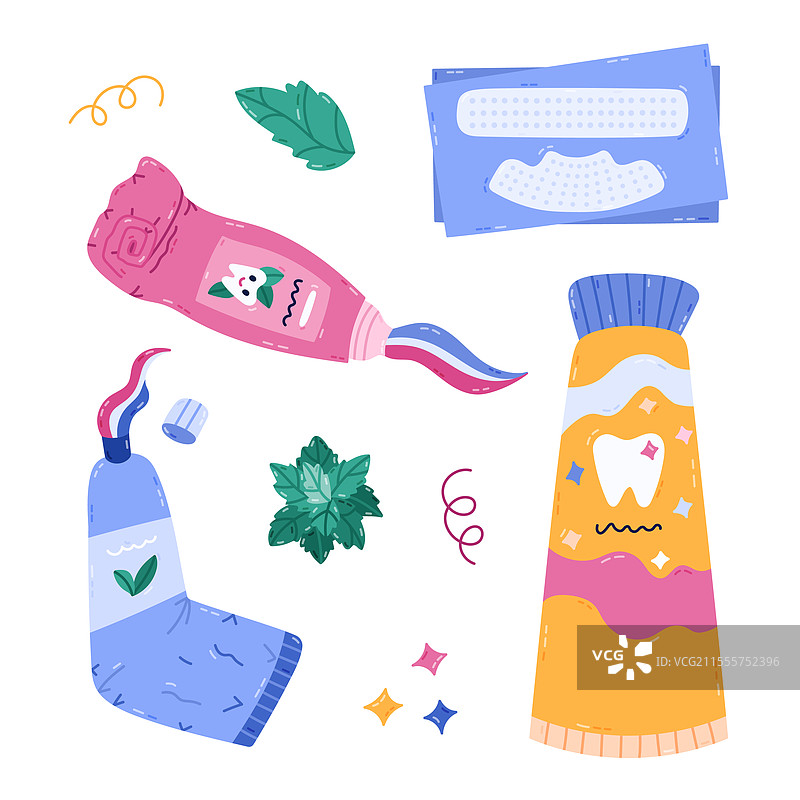 可爱的卡通风格不同牙膏的组合图片素材