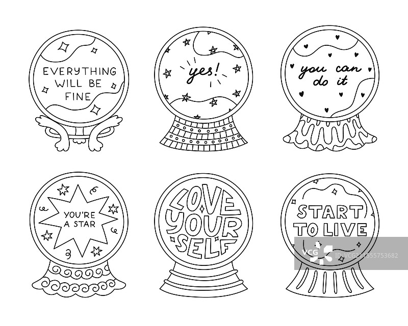 可爱的轮廓涂鸦套装与魔法水晶图片素材