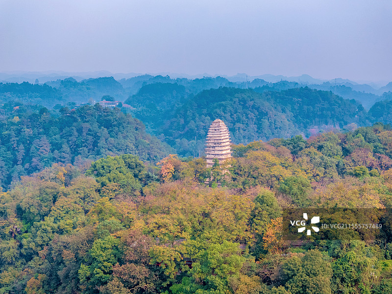 中国四川乐山大佛景区灵宝塔航拍风光图片素材