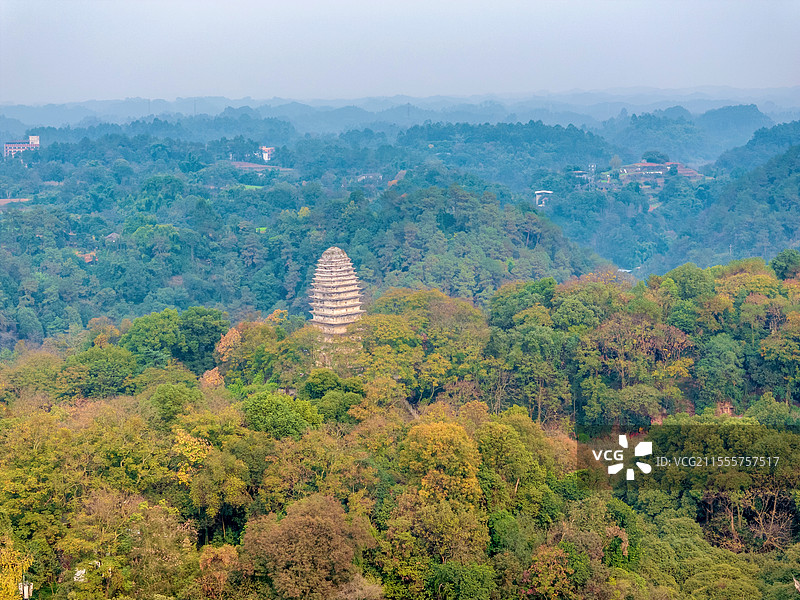 中国四川乐山大佛景区灵宝塔航拍风光图片素材