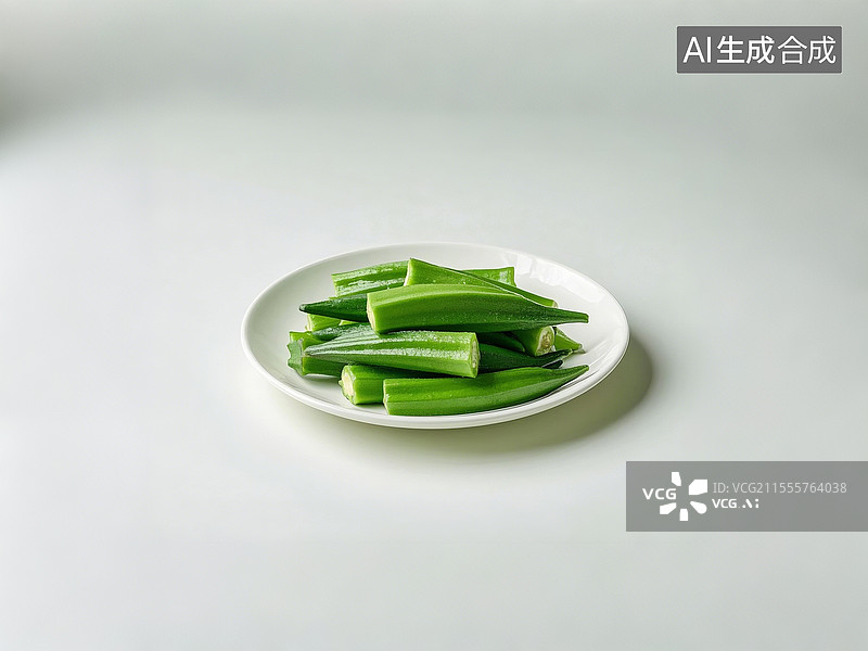 【AI数字艺术】纯色背景下一盘白灼秋葵特写图片素材