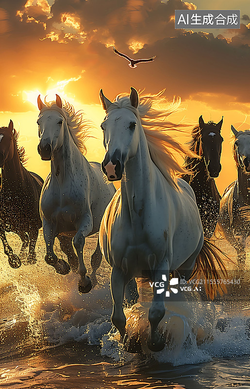 【AI数字艺术】夕阳下河中奔驰的骏马马到成功图片素材