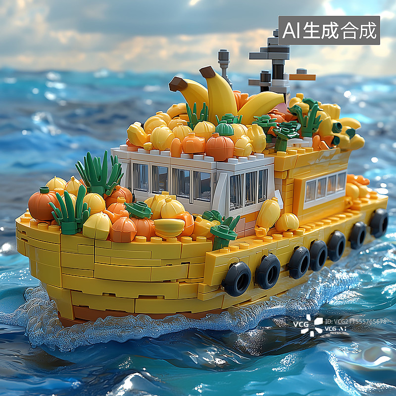 【AI数字艺术】３D渲染积木在湖泊上行驶的轮船图片素材