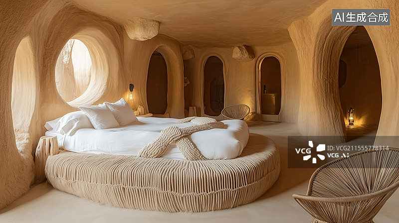 【AI数字艺术】洞穴风格酒店房间温馨舒适图片素材