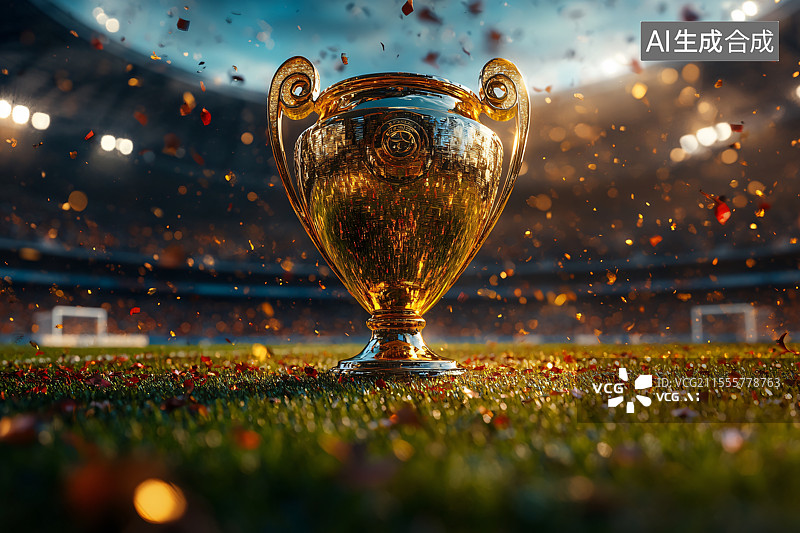 【AI数字艺术】世界杯奖杯展示在足球场上，象征着全球体育成就的巅峰，在体育场灯光下闪耀，呈现荣耀与庆祝的时刻。图片素材