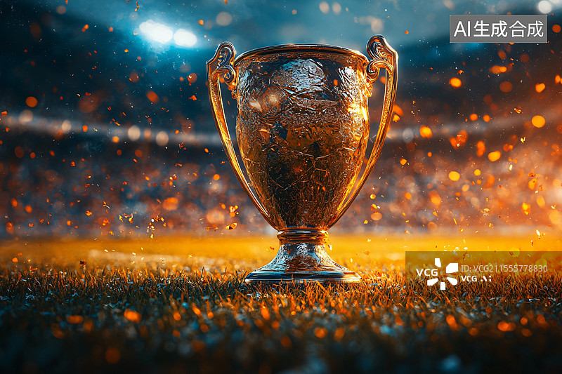 【AI数字艺术】世界杯奖杯展示在足球场上，象征着全球体育成就的巅峰，在体育场灯光下闪耀，呈现荣耀与庆祝的时刻。图片素材