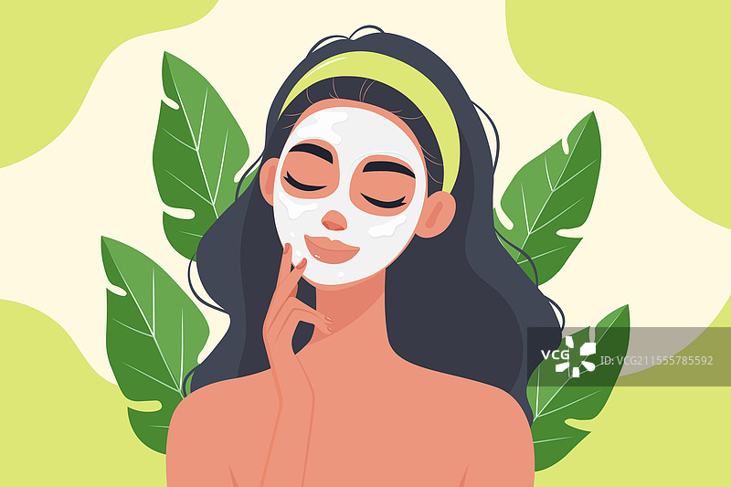 自我护理的光彩女孩，面部敷着面膜图片素材