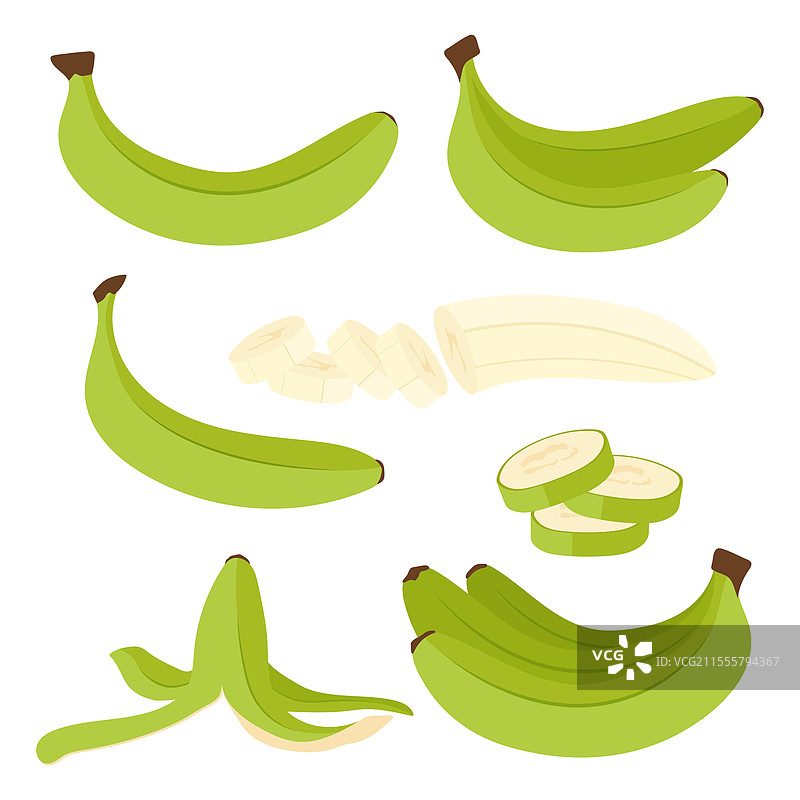 绿色未成熟的香蕉以扁平风格排列图片素材