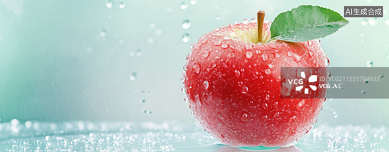 【AI数字艺术】桌上带着水珠苹果特写镜头图片素材