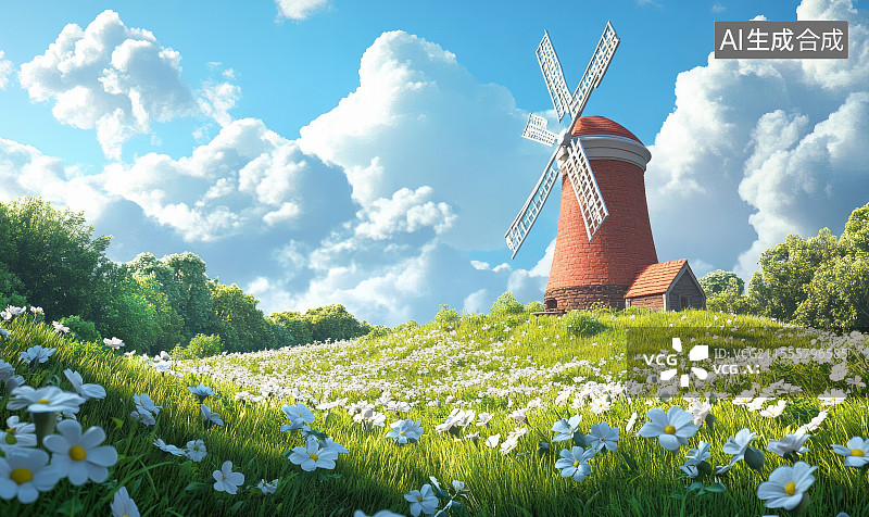 【AI数字艺术】田园风车与花海风景插画图片素材