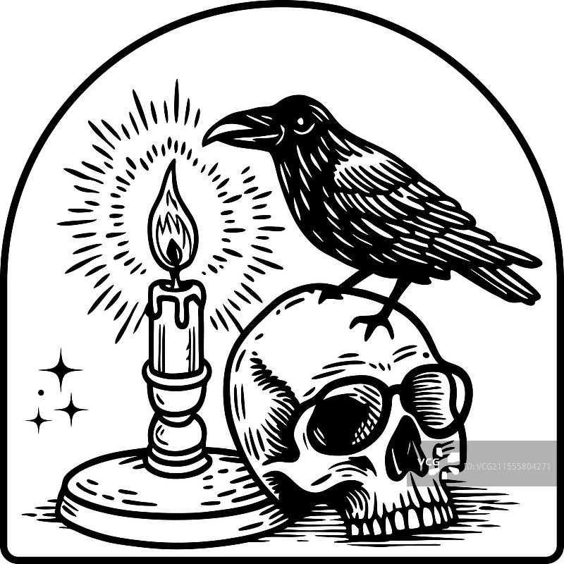人类头骨上放着一只乌鸦，旁边有一根燃烧的蜡烛图片素材