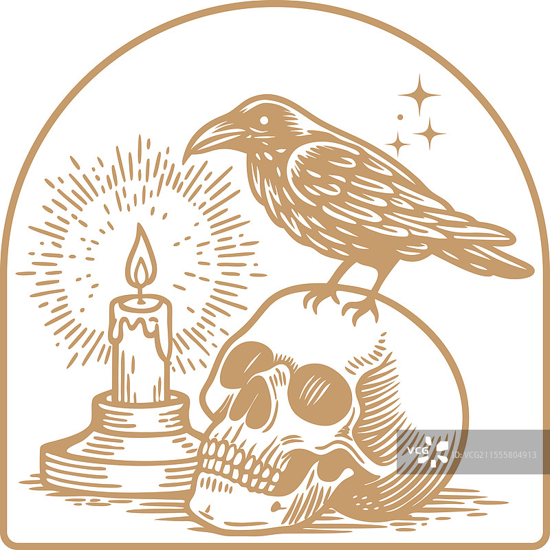 人类头骨上放着一只乌鸦，旁边有一根燃烧的蜡烛图片素材