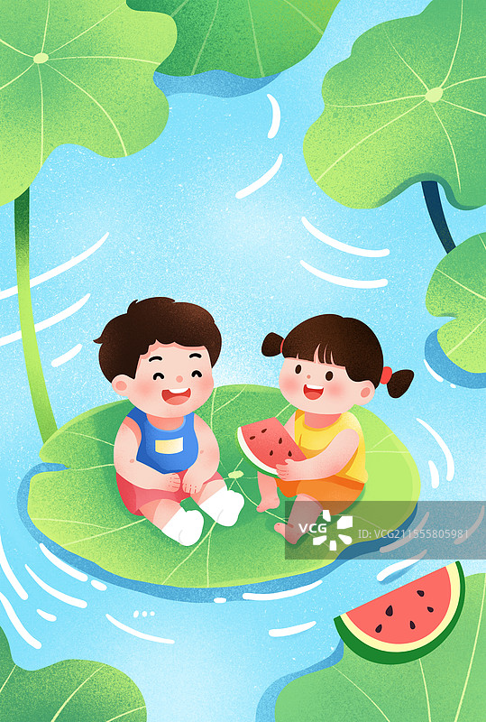 荷叶上吃西瓜的孩子们图片素材