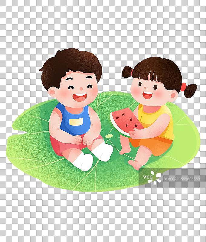 荷叶上吃西瓜的孩子们图片素材