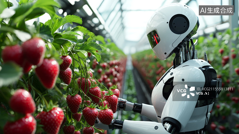 【AI数字艺术】机器人采摘成熟的草莓图片素材