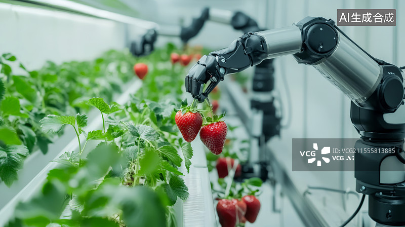 【AI数字艺术】机器人采摘成熟的草莓图片素材