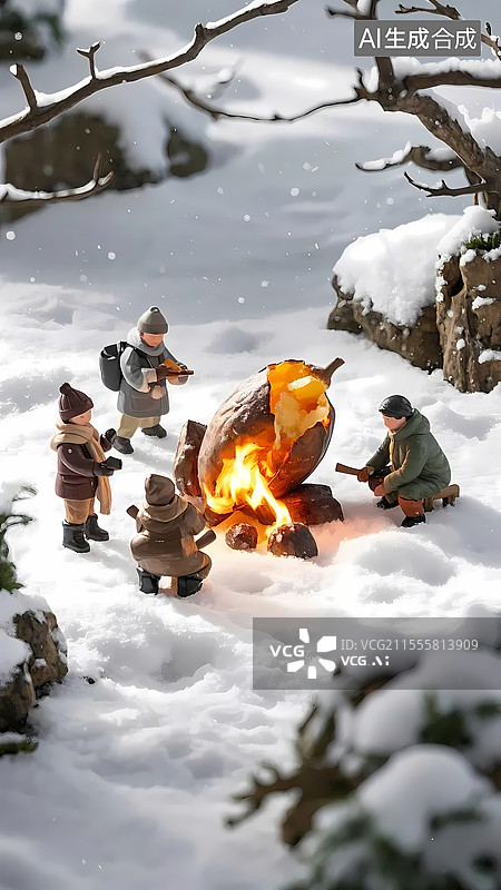 【AI数字艺术】人围着火取暖吃红薯 大寒冬季微缩景观图片素材