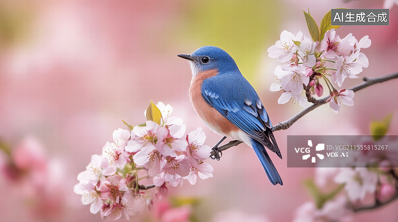 【AI数字艺术】鸟栖息在樱花上的特写镜头图片素材