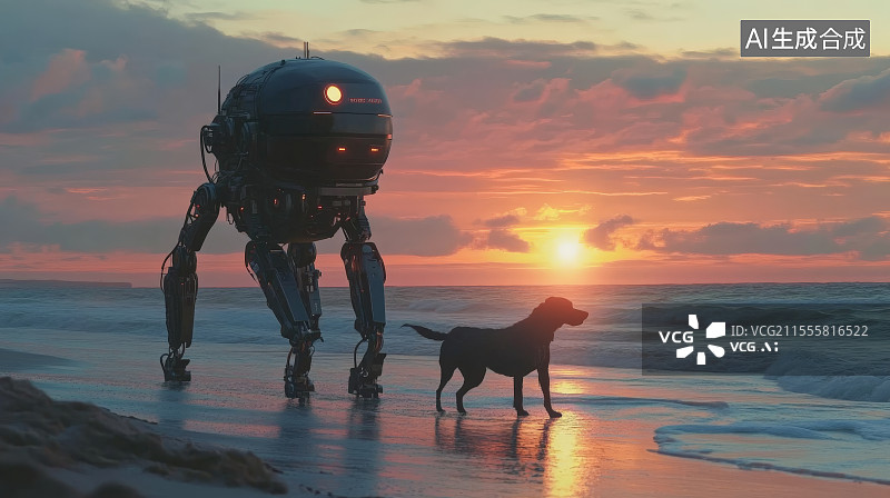 【AI数字艺术】在海边沙滩遛狗的智能机器人图片素材