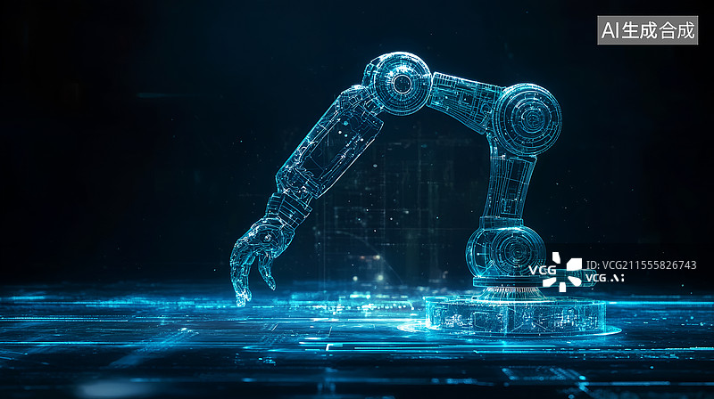 【AI数字艺术】蓝色科技线条机械臂 3D渲染图片素材