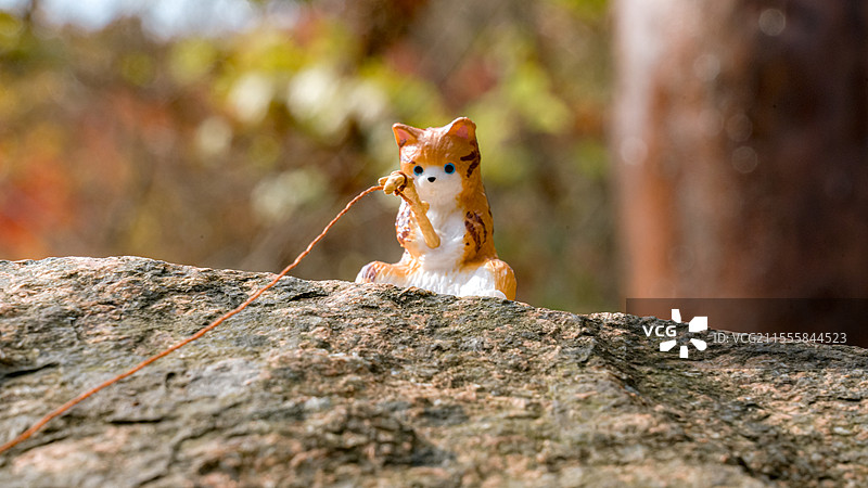 秋日落叶微缩场景迷你钓鱼小猫摆件图片素材