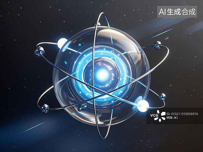 【AI数字艺术】量子科技原子模型，半透明能量球体图片素材