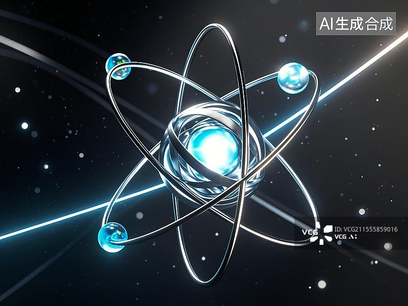 【AI数字艺术】量子科技原子模型，半透明能量球体图片素材