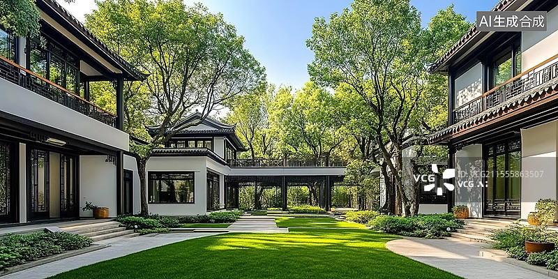 【AI数字艺术】新中式别墅庭院建筑景观图片素材