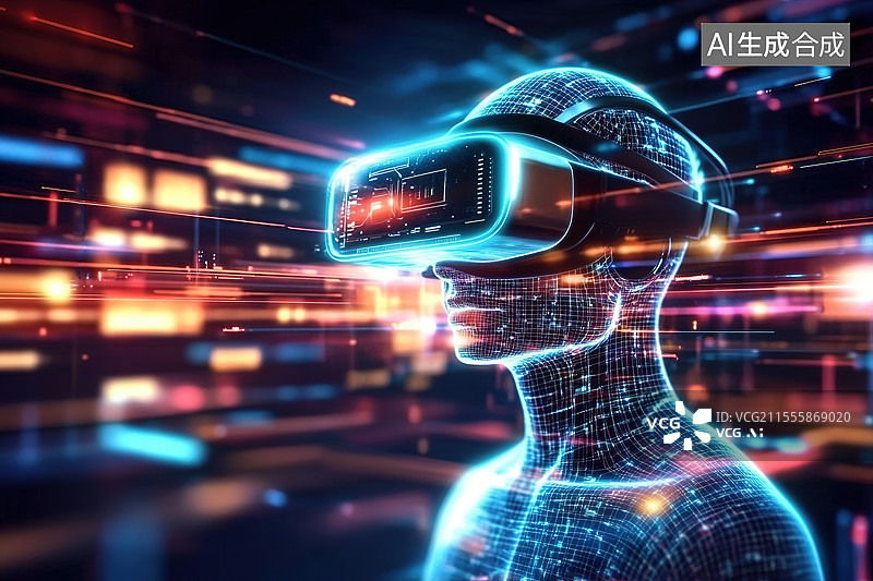 【AI数字艺术】虚拟现实未来科技概念——机器人戴着AR眼镜工作场景图片素材