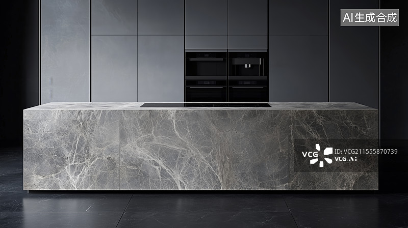 【AI数字艺术】3D灰色厨房岛台现代简约风三维空间场景图片素材