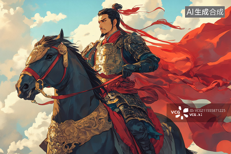 【AI数字艺术】中国古代将军穿着盔甲与披风，骑着战马图片素材