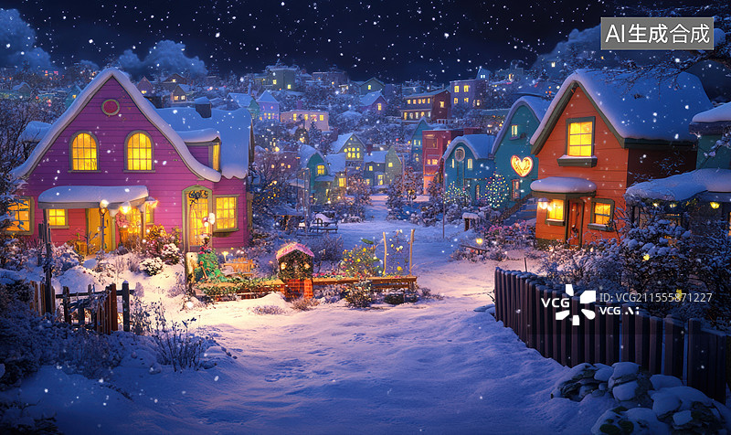 【AI数字艺术】一个被雪覆盖的童话般的小村庄，房屋色彩斑斓，灯光温暖地从窗户透出，营造出一种温馨而梦幻的氛围。图片素材