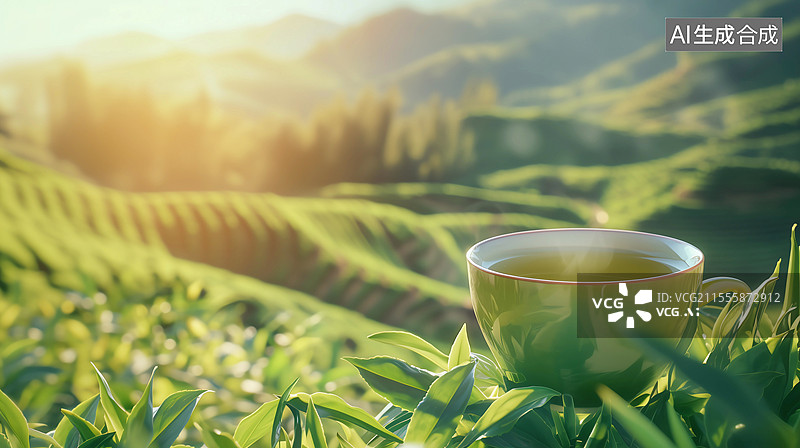 【AI数字艺术】春天绿色茶园和一杯茶图片素材