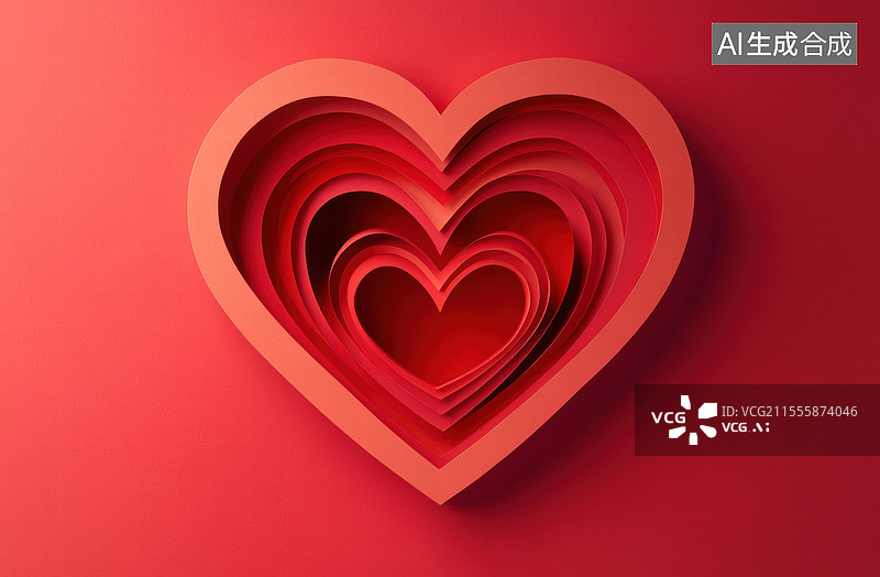 【AI数字艺术】一组由多层纸片组成的艺术作品，形成了一个渐变的心形图案。从中心到边缘，颜色从浅粉色逐渐过渡到深红色。图片素材