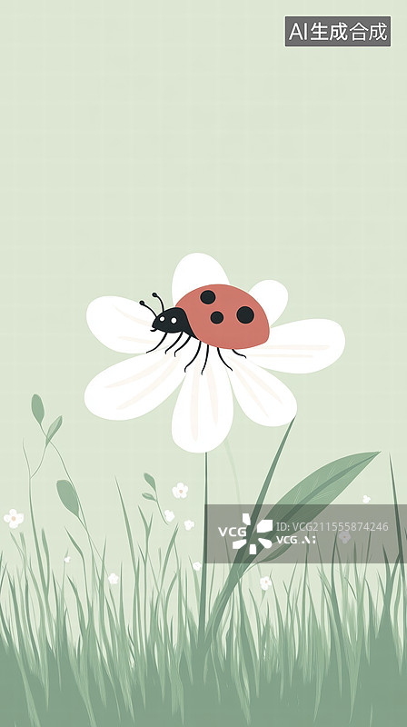 【AI数字艺术】一只红色的瓢虫停在一朵白色的花上。背景是柔和的绿色，给人一种宁静和自然的感觉。图片素材