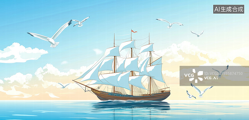 【AI数字艺术】一幅宁静的海上风景画。画面中有一艘大型帆船，帆船的帆布是白色的，船体是深棕色的，船上还飘扬着一面旗帜图片素材