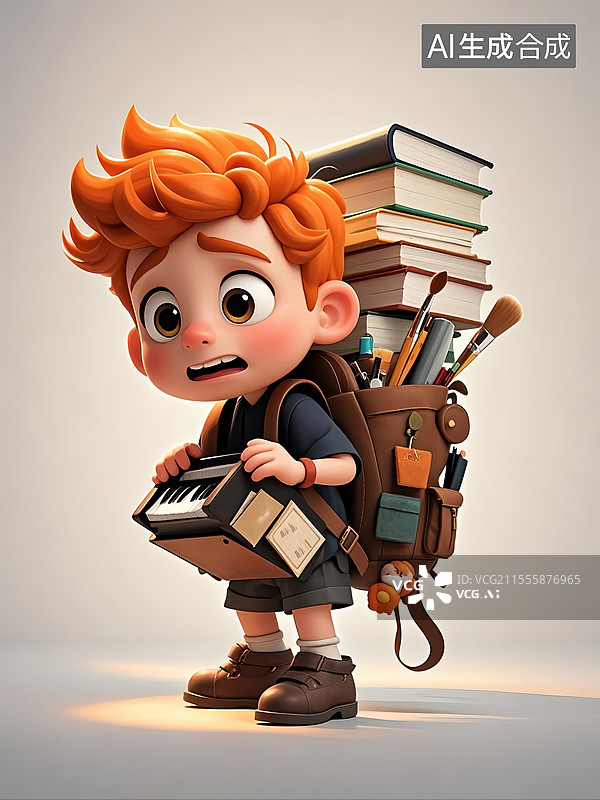 【AI数字艺术】小学生学业负担重题材3D卡通风格插画图片素材