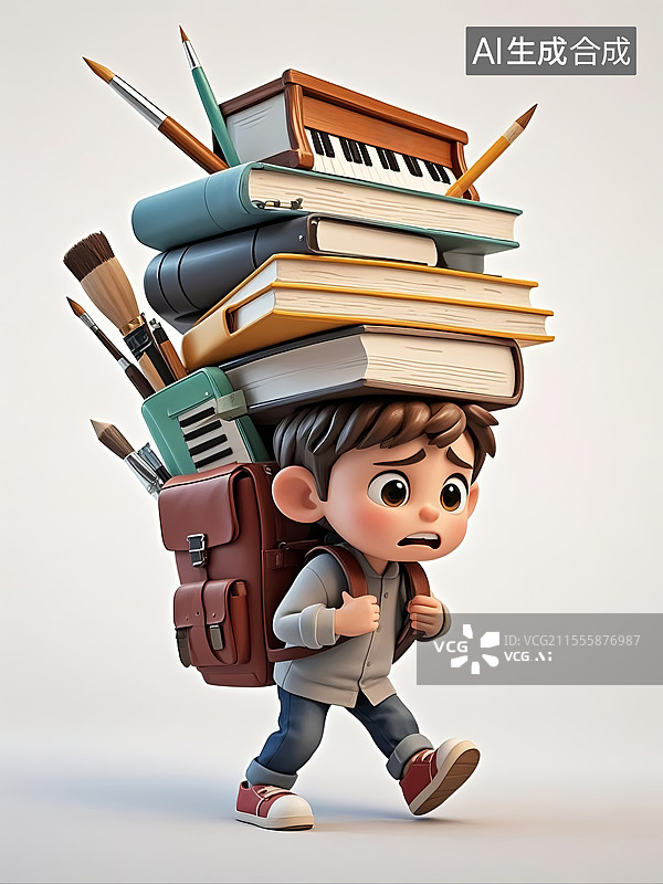 【AI数字艺术】小学生学业负担重题材3D卡通风格插画图片素材