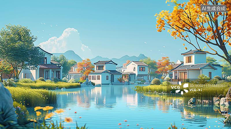 【AI数字艺术】水墨江南的诗意田园  宁静乡村的田园牧歌图片素材