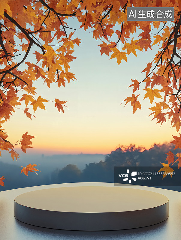 【AI数字艺术】秋日黄昏展示台图片素材